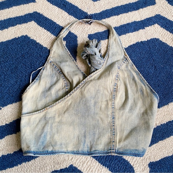 π ZARA DENIM ACID WASH HALTER STYLE BACK TIE CROP TOP! - Picture 7 of 15